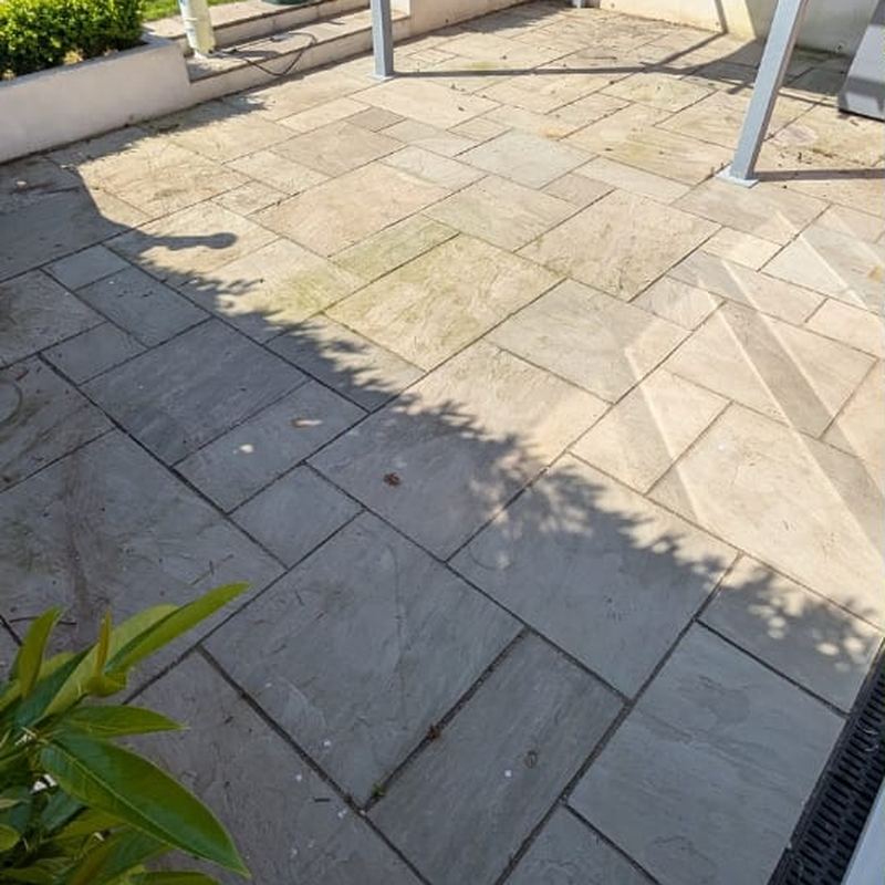 Before: Indian sandstone patio clean, Stockton Heath